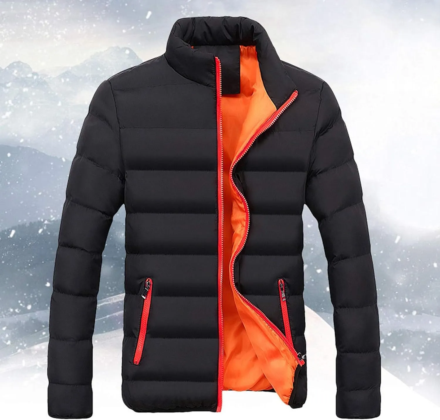 Mens Quilted Puffer Down Jacket Full Zip Stand Up Collar Jacket Warm Thick Windbreaker Winter Outwear Coat with Hood
