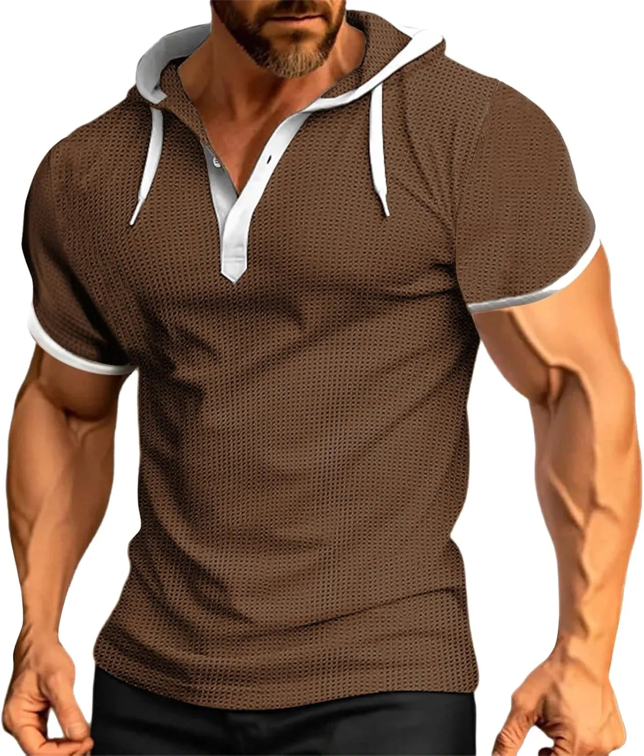 Mens Waffle Hoodie Shirts Short Sleeve Workout Gym Sweatshirt Muscle Fit Fashion Athletic Hood Pullover Cotton Hooded Tshirt