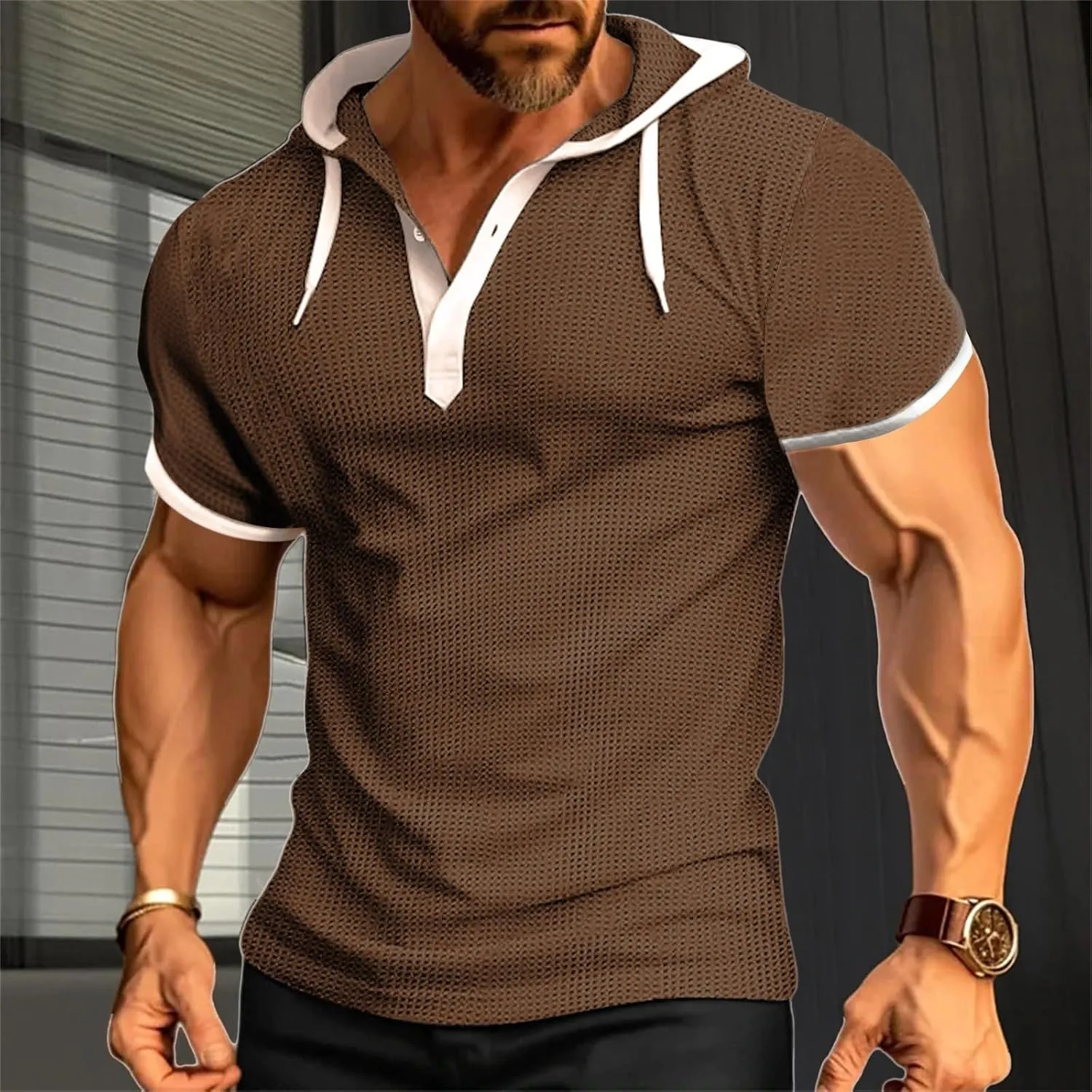 Mens Waffle Hoodie Shirts Short Sleeve Workout Gym Sweatshirt Muscle Fit Fashion Athletic Hood Pullover Cotton Hooded Tshirt