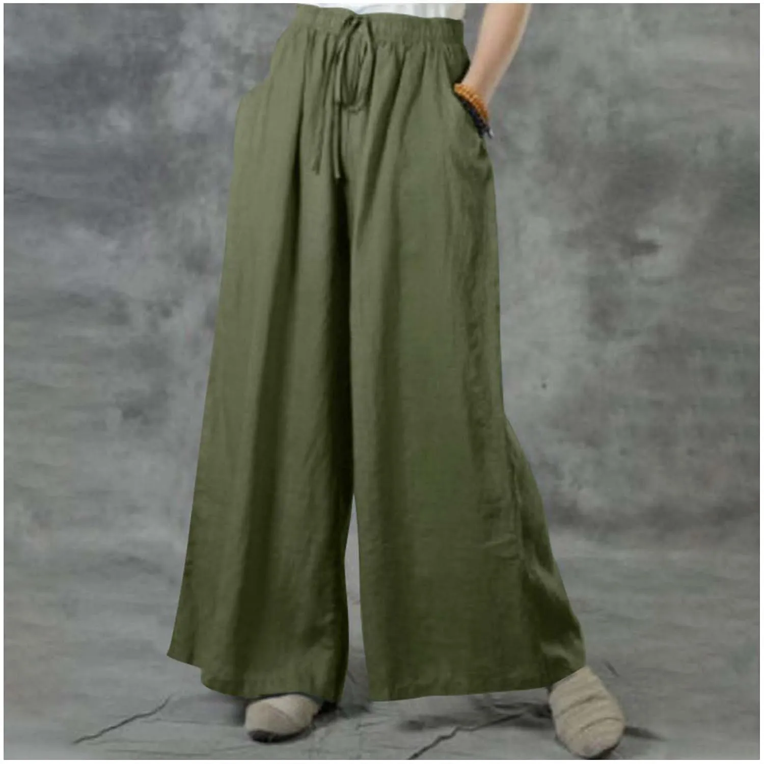 MLAFE Summer Linen Blend Wide Leg Pants Women' s Culottes Elastic Waist Casual Palazzo Trousers Solid Casual Loose Pantalon