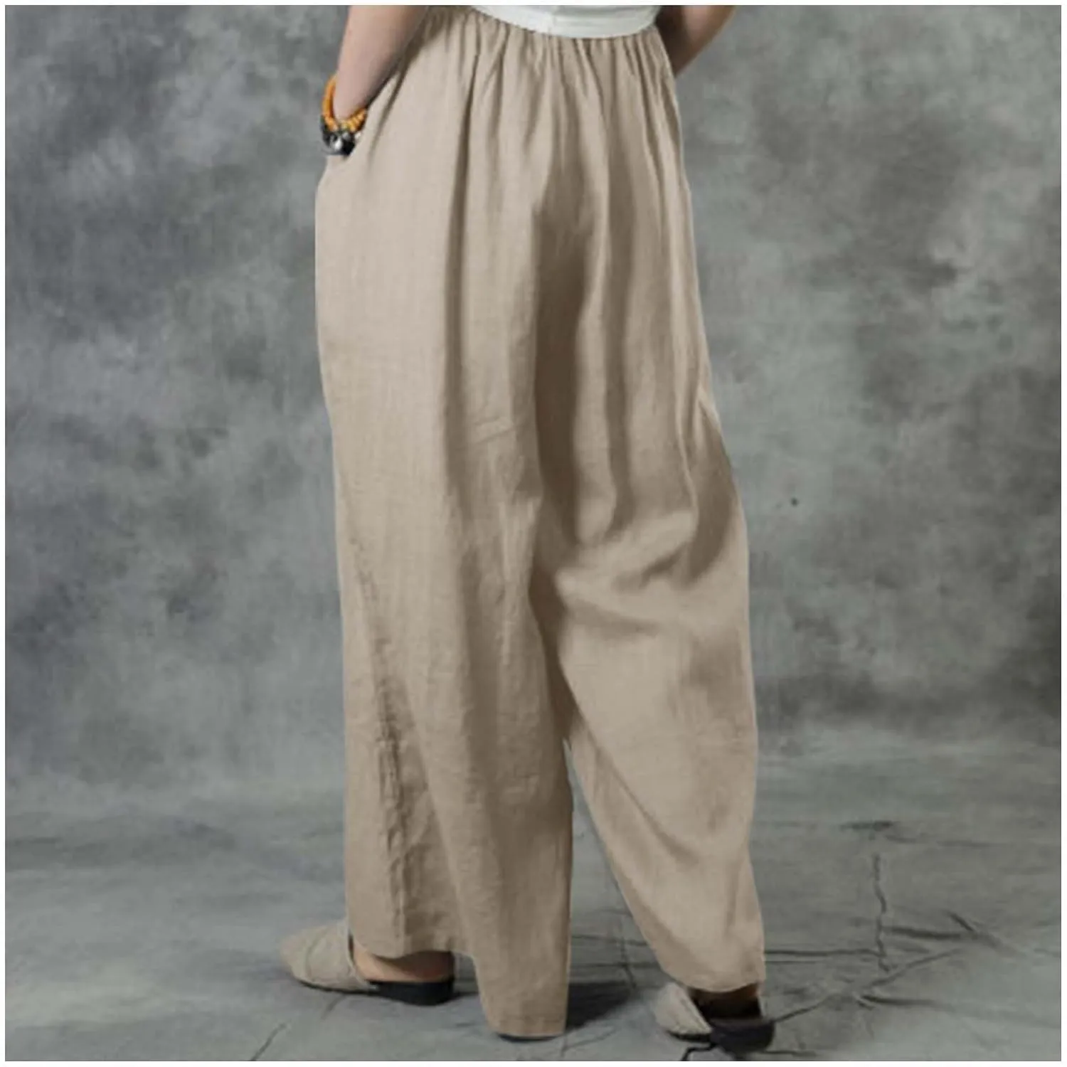 MLAFE Summer Linen Blend Wide Leg Pants Women' s Culottes Elastic Waist Casual Palazzo Trousers Solid Casual Loose Pantalon