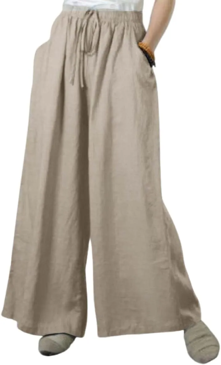 MLAFE Summer Linen Blend Wide Leg Pants Women' s Culottes Elastic Waist Casual Palazzo Trousers Solid Casual Loose Pantalon