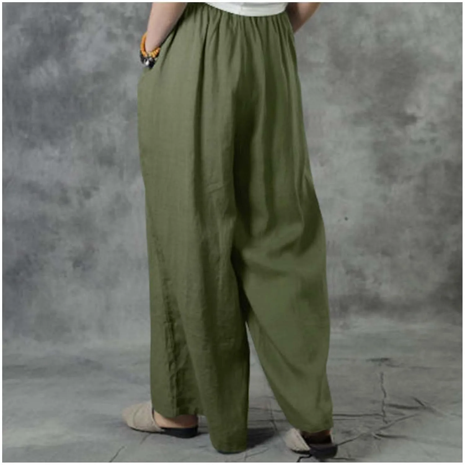 MLAFE Summer Linen Blend Wide Leg Pants Women' s Culottes Elastic Waist Casual Palazzo Trousers Solid Casual Loose Pantalon