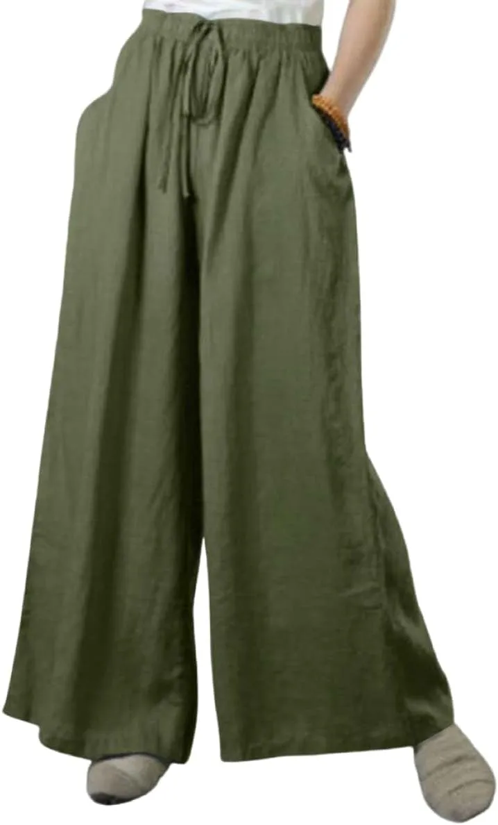 MLAFE Summer Linen Blend Wide Leg Pants Women' s Culottes Elastic Waist Casual Palazzo Trousers Solid Casual Loose Pantalon