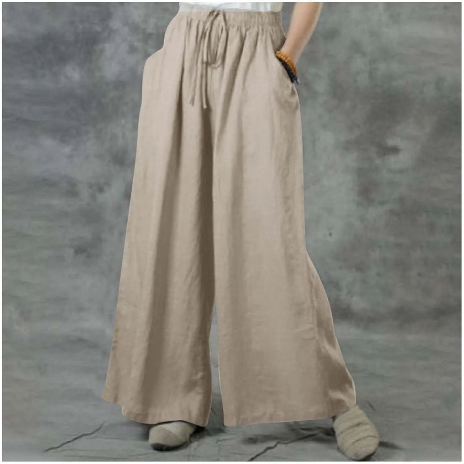 MLAFE Summer Linen Blend Wide Leg Pants Women' s Culottes Elastic Waist Casual Palazzo Trousers Solid Casual Loose Pantalon