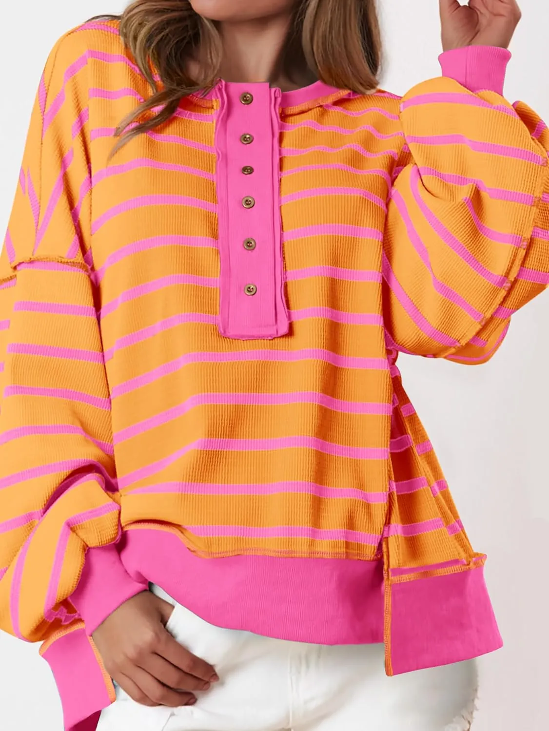 PRETTYGARDEN Womens Fall 2025 Striped Oversized Sweatshirt Long Sleeve Button Up Henley Neck Waffle Knit Pullover Tunic Tops
