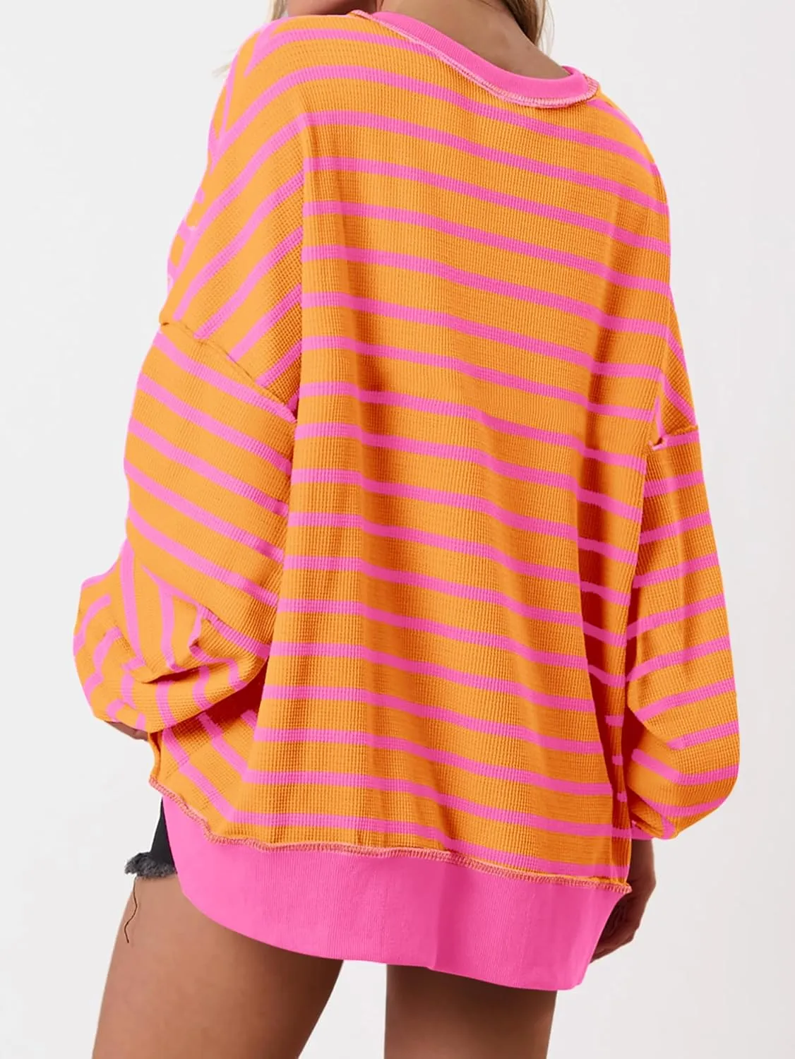 PRETTYGARDEN Womens Fall 2025 Striped Oversized Sweatshirt Long Sleeve Button Up Henley Neck Waffle Knit Pullover Tunic Tops