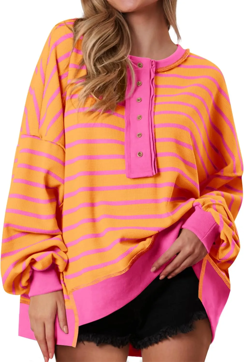 PRETTYGARDEN Womens Fall 2025 Striped Oversized Sweatshirt Long Sleeve Button Up Henley Neck Waffle Knit Pullover Tunic Tops