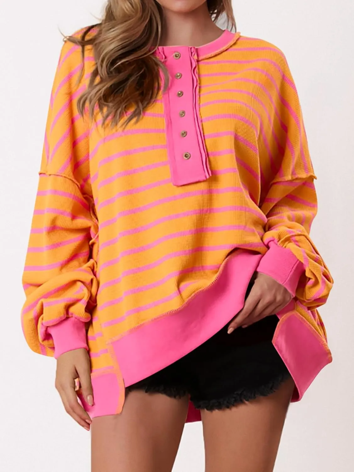 PRETTYGARDEN Womens Fall 2025 Striped Oversized Sweatshirt Long Sleeve Button Up Henley Neck Waffle Knit Pullover Tunic Tops