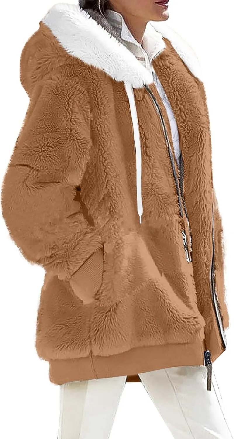 Sherpa Jacket Women Amazon Usa Witner Coats for Women Trendy Lightweight Fleece Jacket Zip Up Hoodie Women Warm Clothes Abrigos De Mujer Invierno En Oferta Holiday Outfits Deals(K-Earthy Yellow,M)