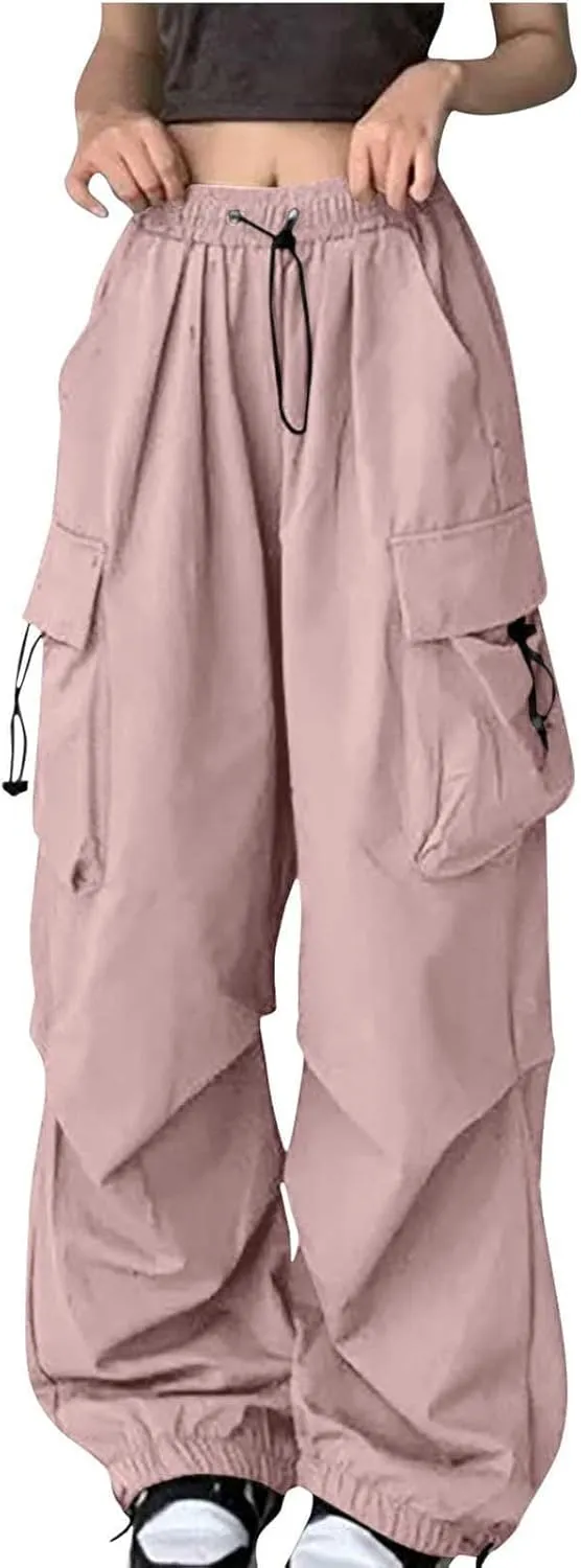 Uillui Womens High Waist Baggy Cargo Pants Loose Fit Straight Wide Leg Y2K Teen Girls Fashion Parachute Pants Trendy Joggers