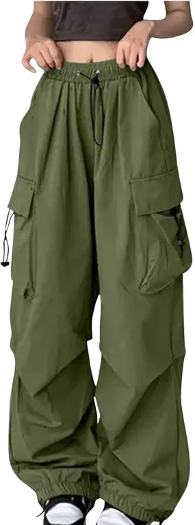 Uillui Womens High Waist Baggy Cargo Pants Loose Fit Straight Wide Leg Y2K Teen Girls Fashion Parachute Pants Trendy Joggers