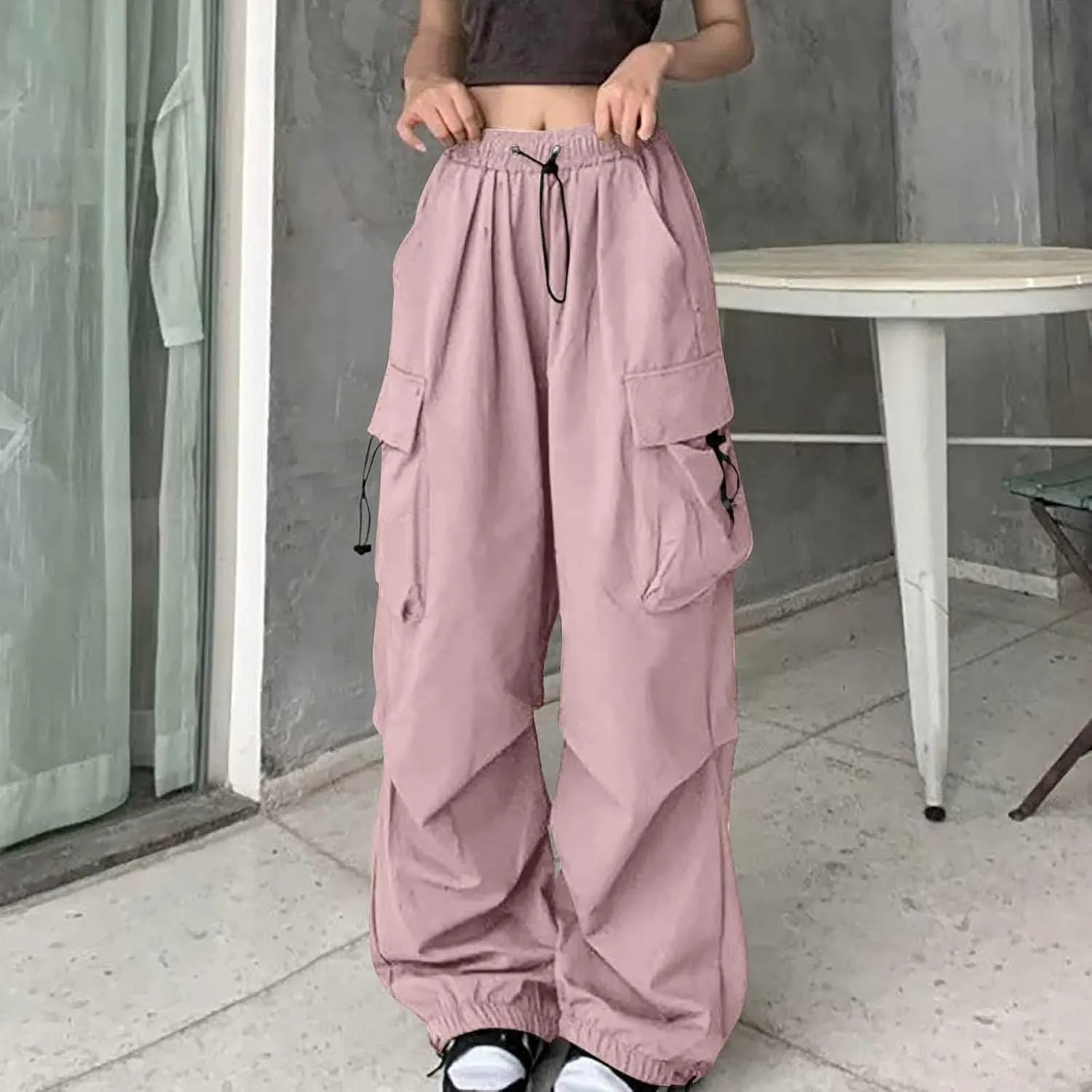 Uillui Womens High Waist Baggy Cargo Pants Loose Fit Straight Wide Leg Y2K Teen Girls Fashion Parachute Pants Trendy Joggers