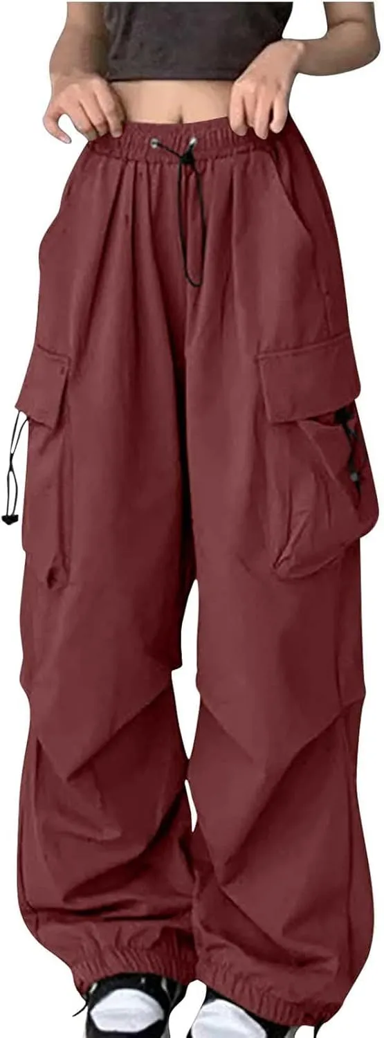 Uillui Womens High Waist Baggy Cargo Pants Loose Fit Straight Wide Leg Y2K Teen Girls Fashion Parachute Pants Trendy Joggers