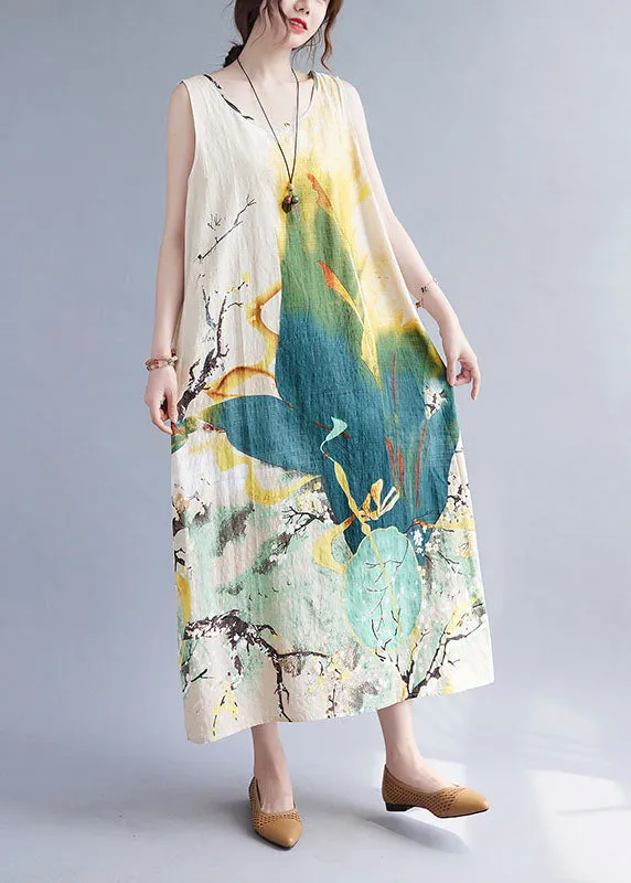 Vintage Beige Print O-Neck Linen Vacation Dresses Summer LY0658