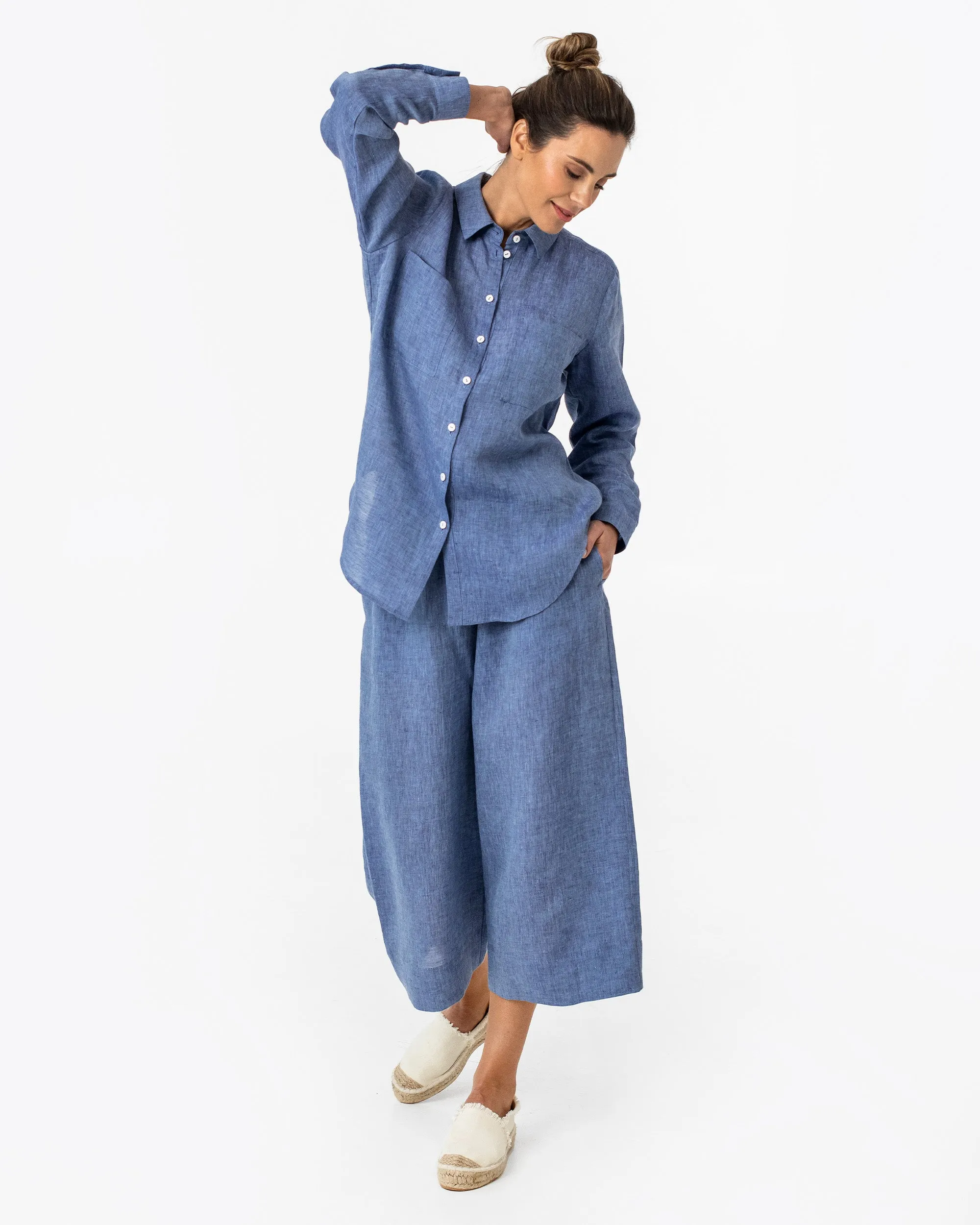 Wide leg linen culotte pants BRUNY in Denim chambray
