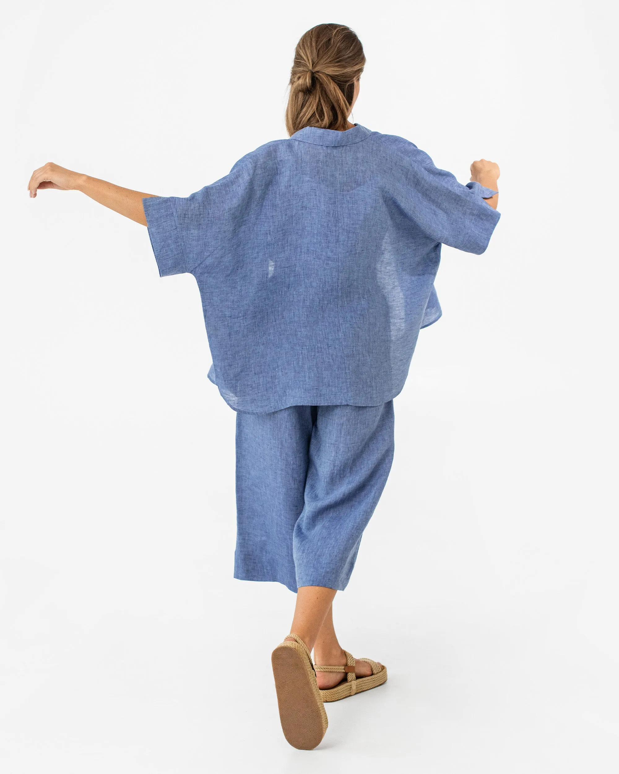 Wide leg linen culotte pants BRUNY in Denim chambray