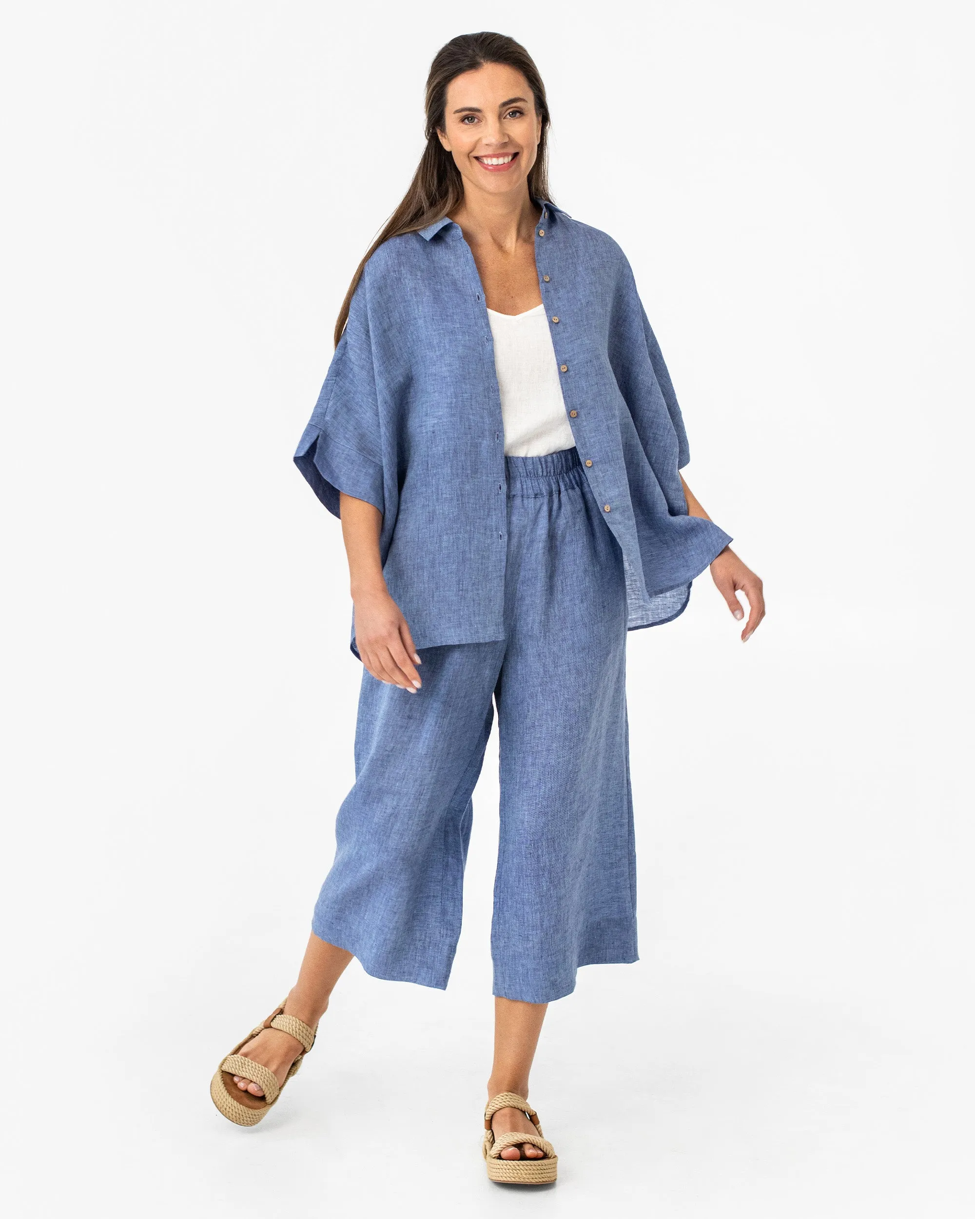 Wide leg linen culotte pants BRUNY in Denim chambray
