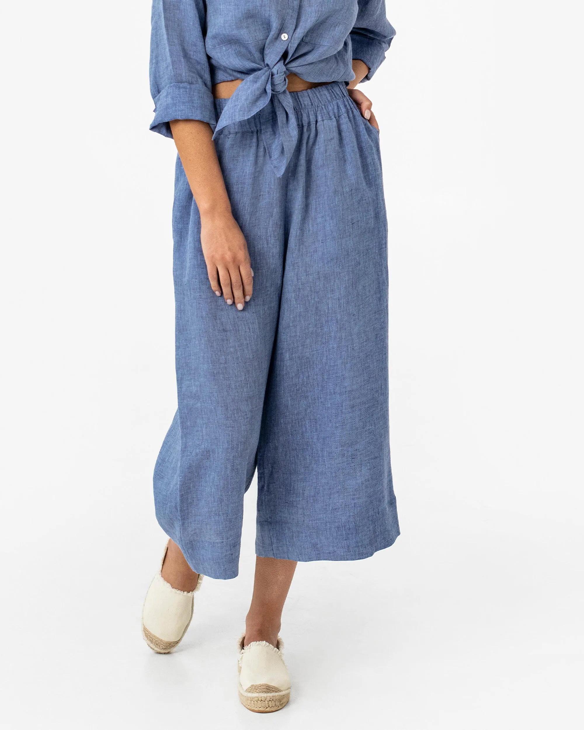 Wide leg linen culotte pants BRUNY in Denim chambray