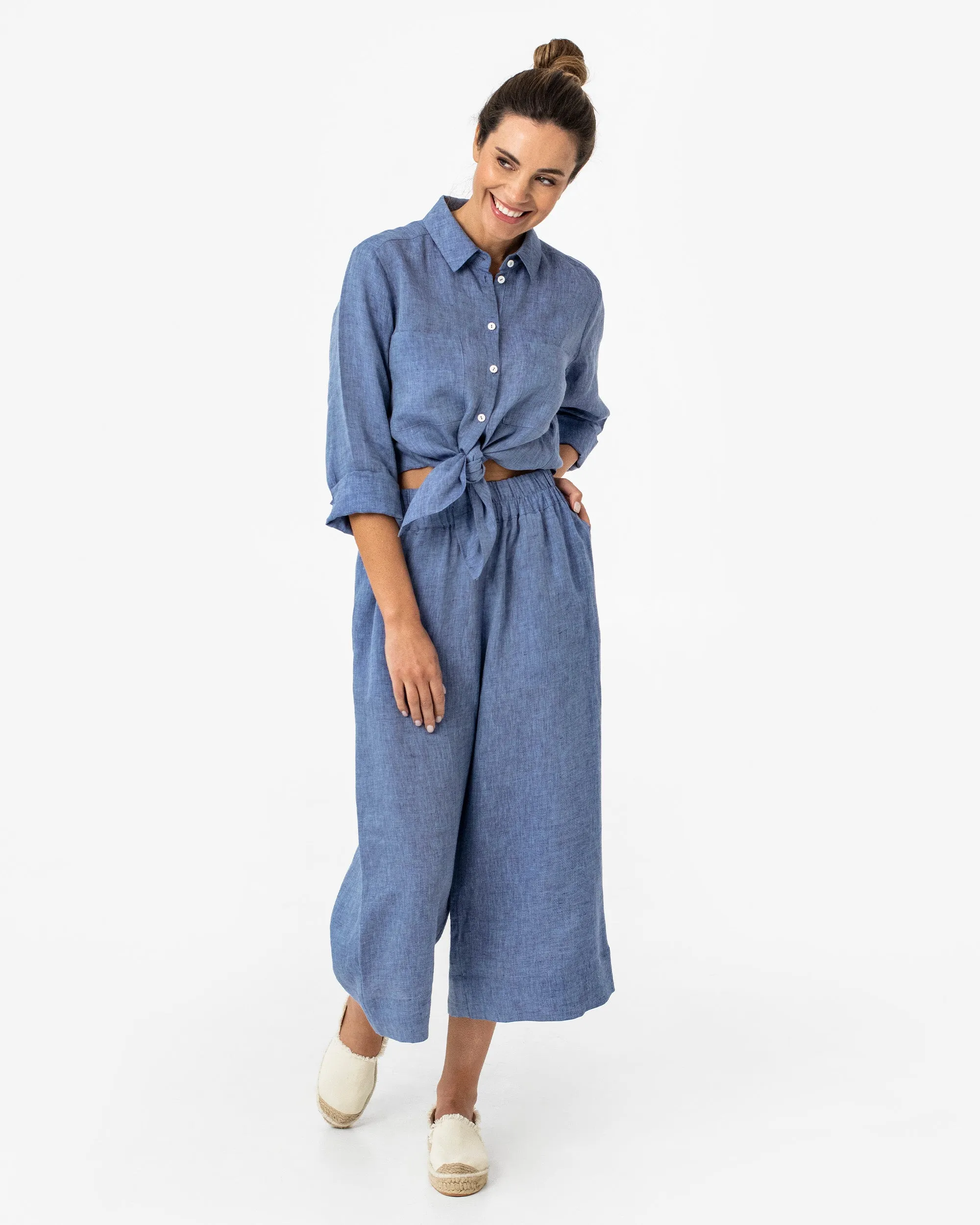Wide leg linen culotte pants BRUNY in Denim chambray