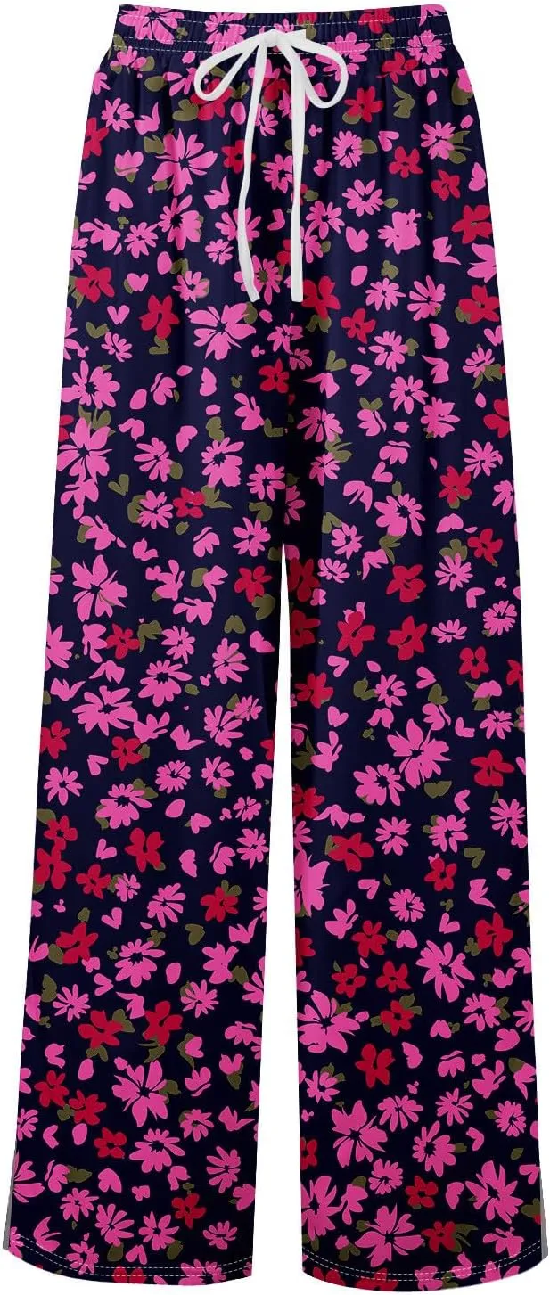 Wide Leg Pants for Women Summer Floral Casual High Waistd Pants Elastic Waist Drawstring Side Slit Pockets Outfits