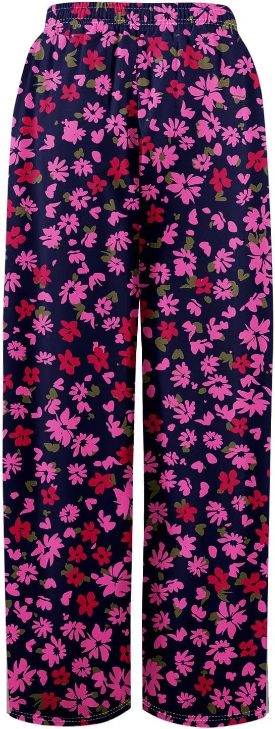 Wide Leg Pants for Women Summer Floral Casual High Waistd Pants Elastic Waist Drawstring Side Slit Pockets Outfits