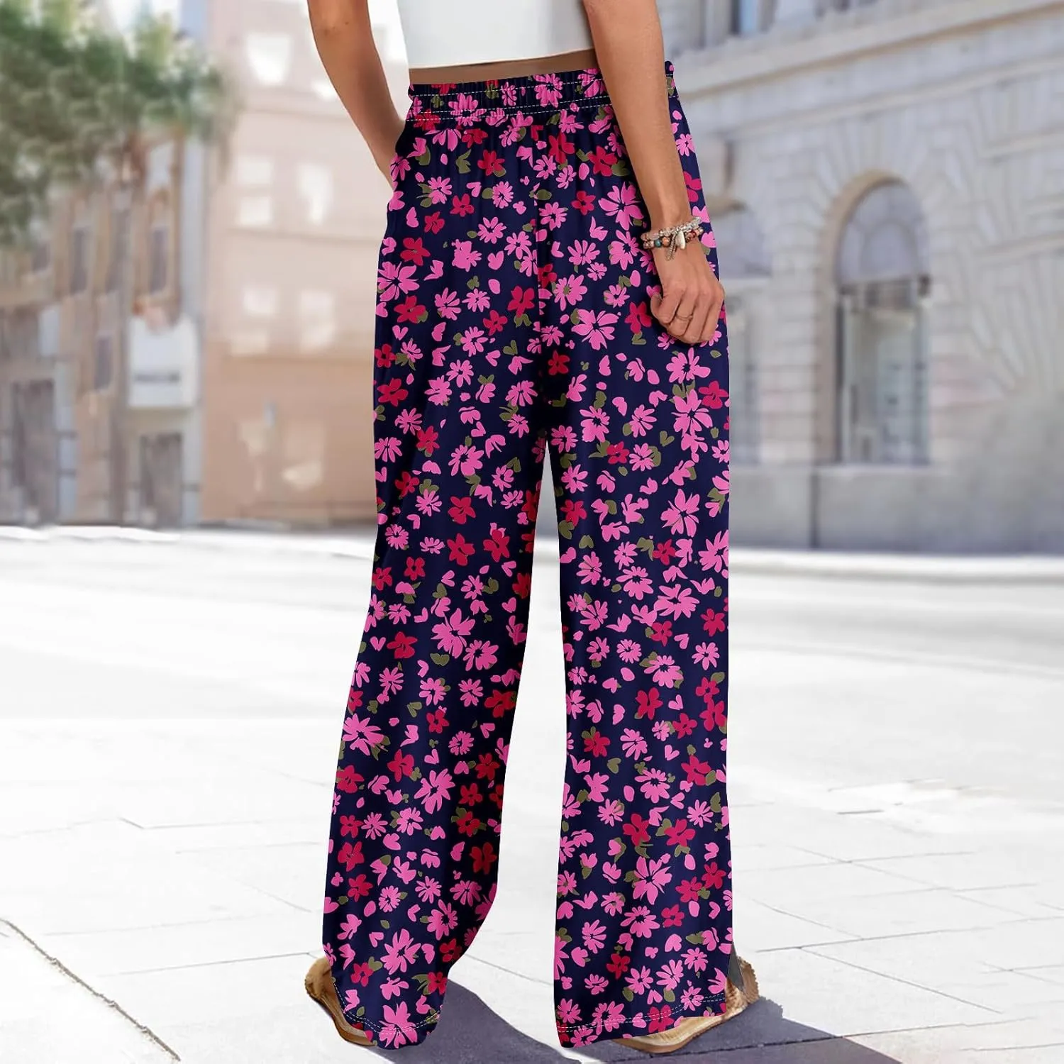 Wide Leg Pants for Women Summer Floral Casual High Waistd Pants Elastic Waist Drawstring Side Slit Pockets Outfits
