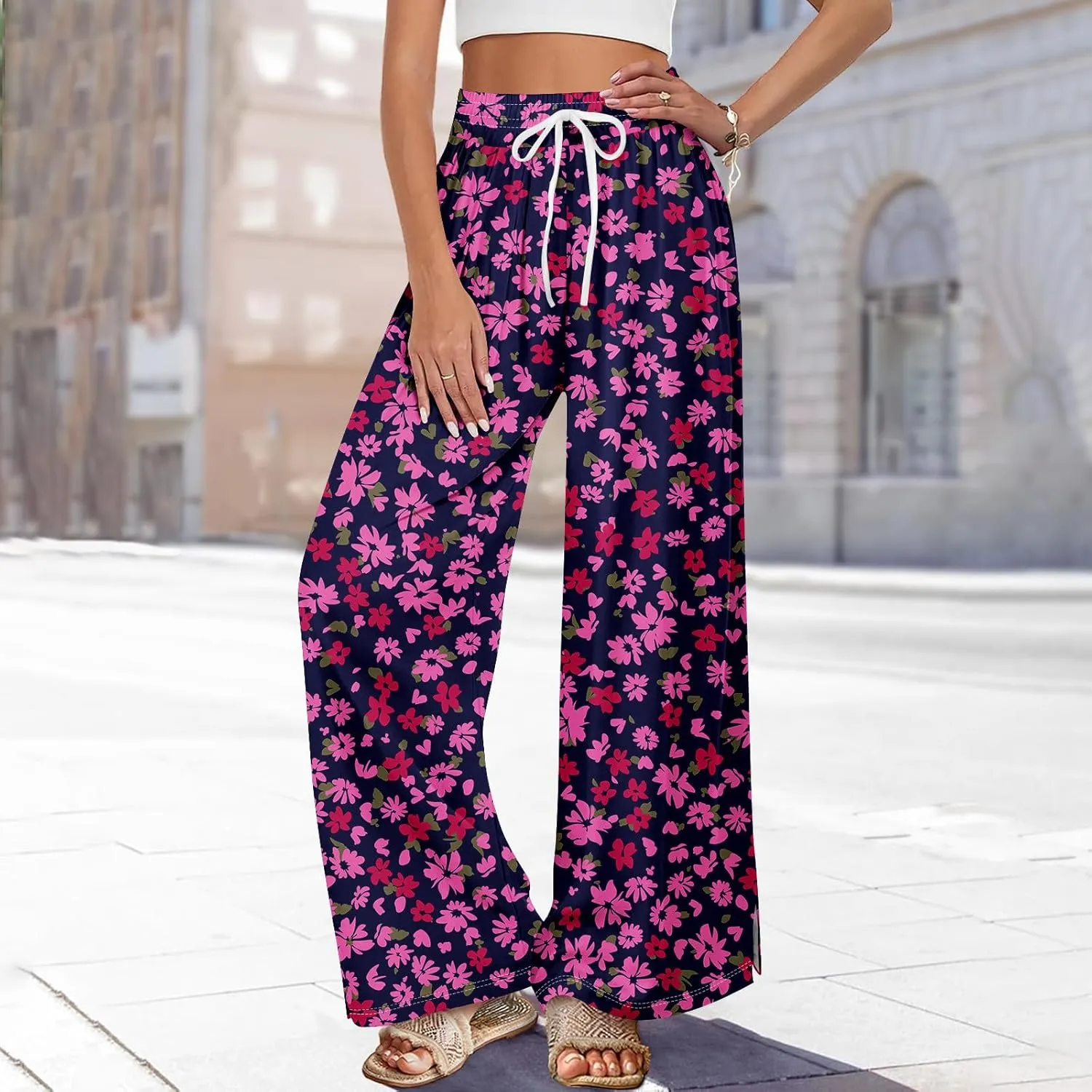 Wide Leg Pants for Women Summer Floral Casual High Waistd Pants Elastic Waist Drawstring Side Slit Pockets Outfits