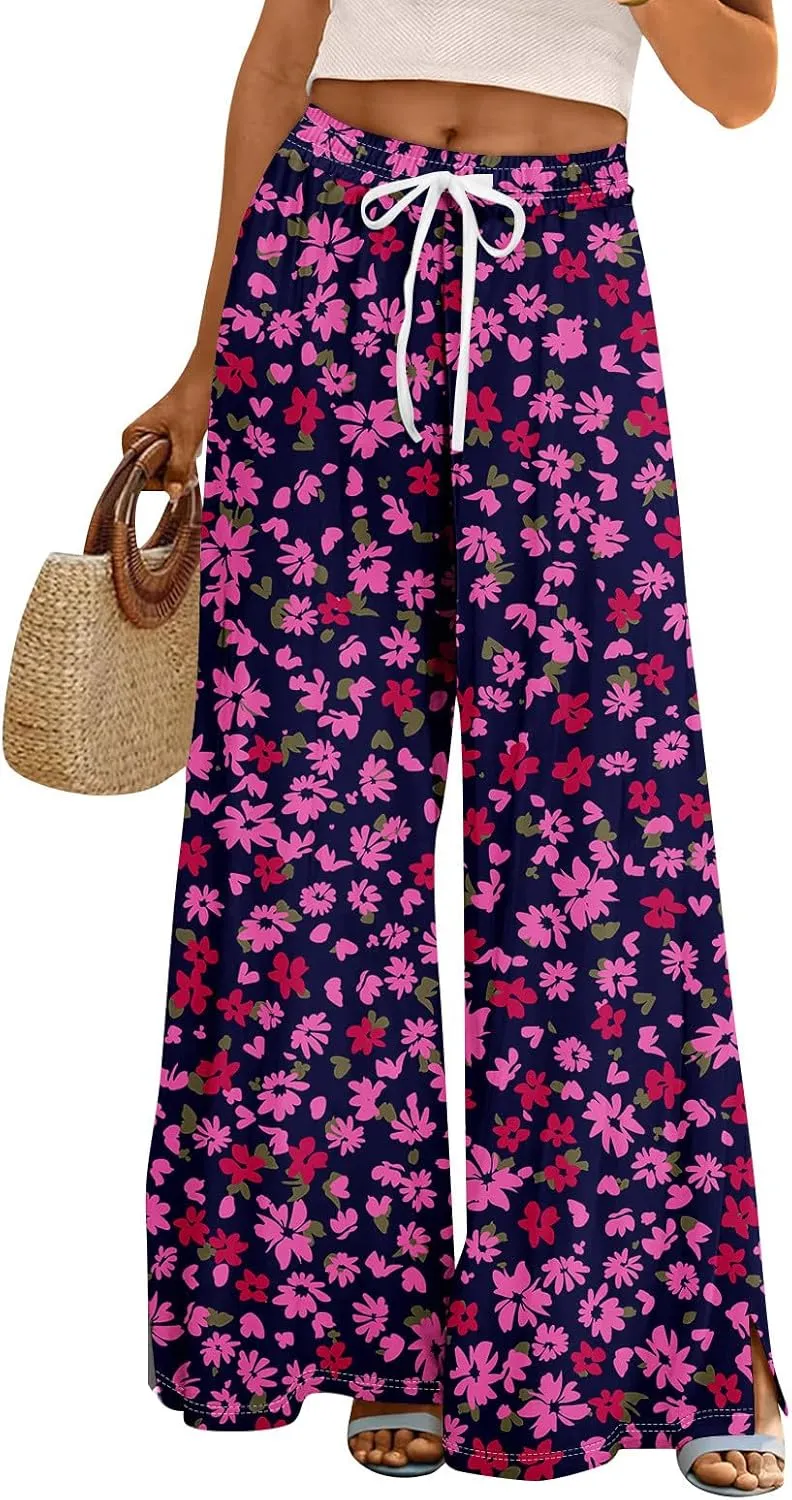 Wide Leg Pants for Women Summer Floral Casual High Waistd Pants Elastic Waist Drawstring Side Slit Pockets Outfits
