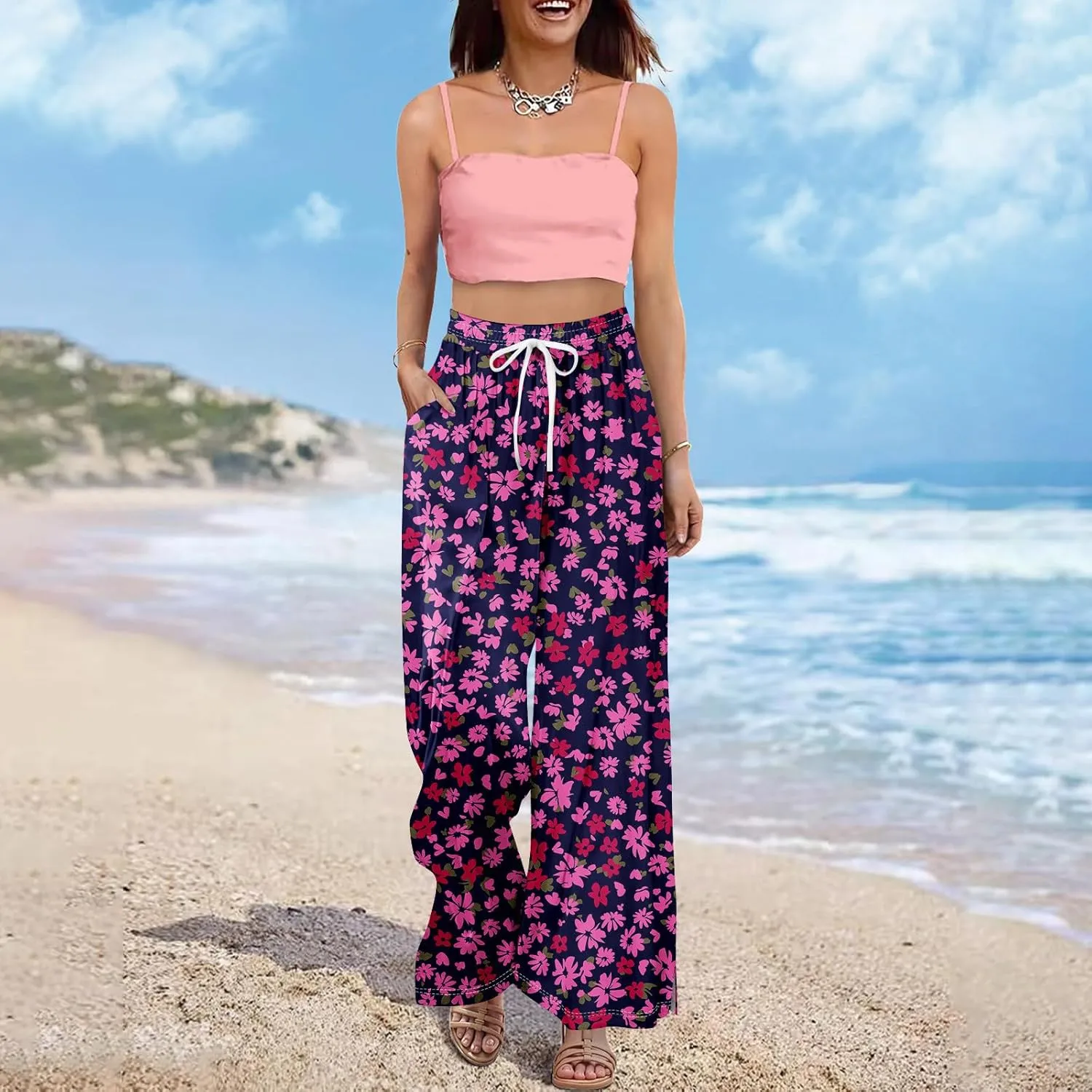 Wide Leg Pants for Women Summer Floral Casual High Waistd Pants Elastic Waist Drawstring Side Slit Pockets Outfits