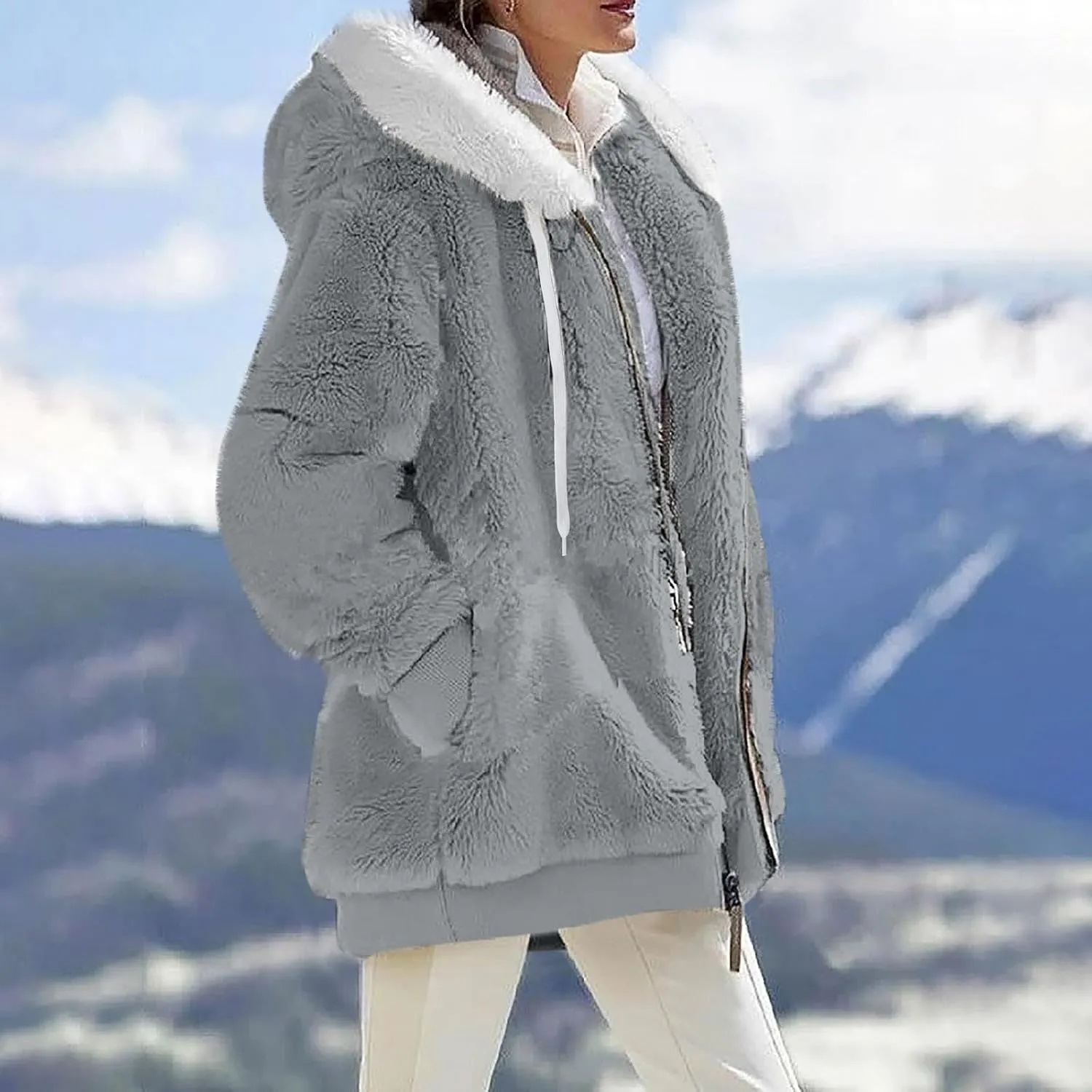 Winter Coats For Women Fuzzy Fleece Jacket Hooded Color Block Patchwork Cardigan Coat Outerwear With Pocket S-5XL