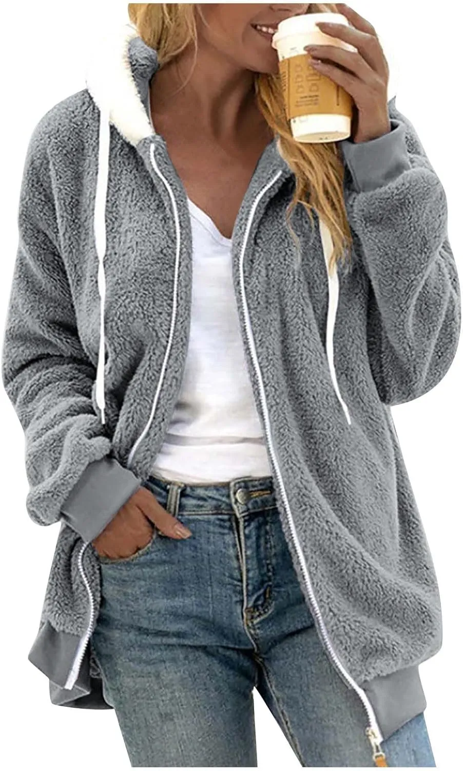 Winter Coats For Women Fuzzy Fleece Jacket Hooded Color Block Patchwork Cardigan Coat Outerwear With Pocket S-5XL