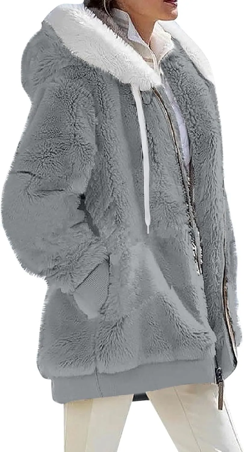 Winter Coats For Women Fuzzy Fleece Jacket Hooded Color Block Patchwork Cardigan Coat Outerwear With Pocket S-5XL