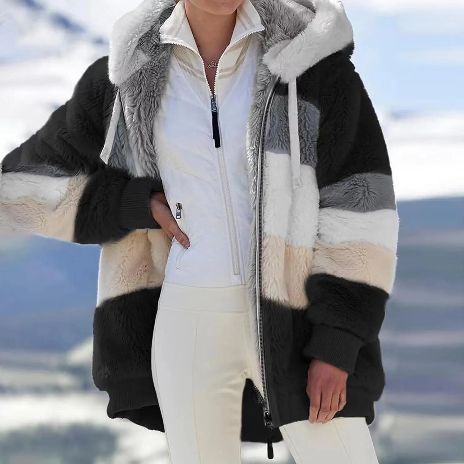 Winter Coats for Women,Long Sleeve Sherpa Jackets with Pockets,Thicken Fluffy Coat Outwear