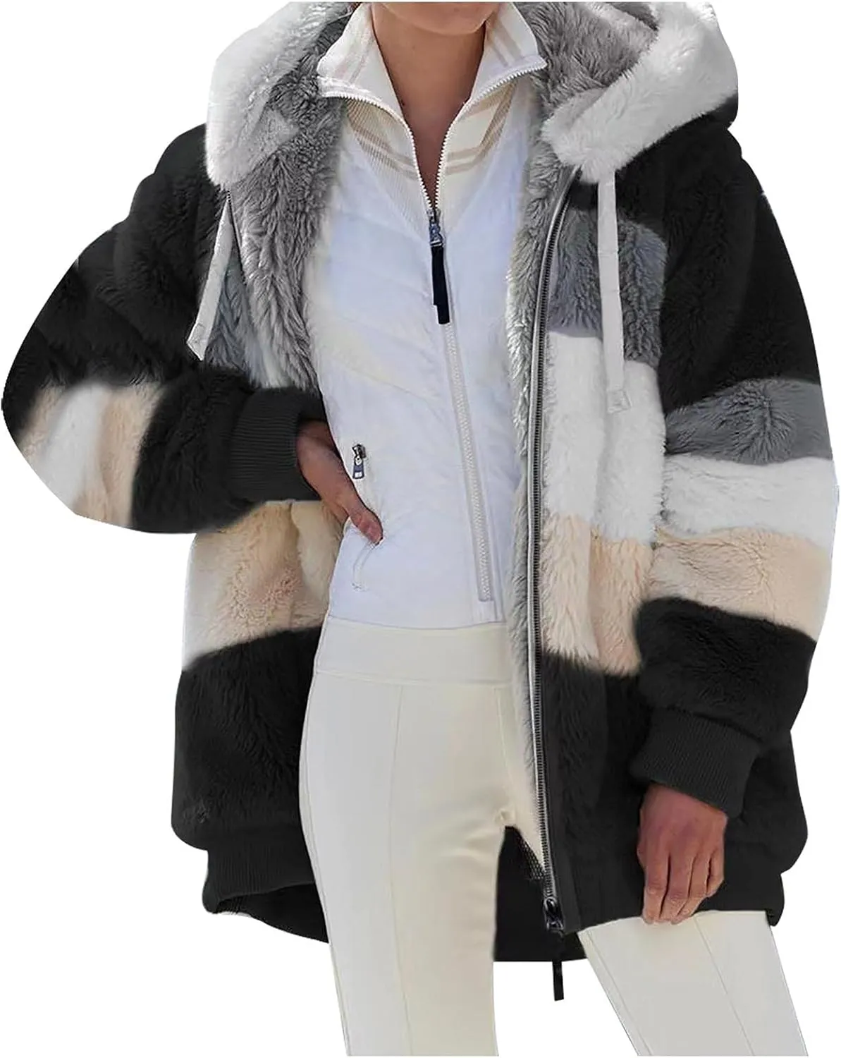Winter Coats for Women,Long Sleeve Sherpa Jackets with Pockets,Thicken Fluffy Coat Outwear