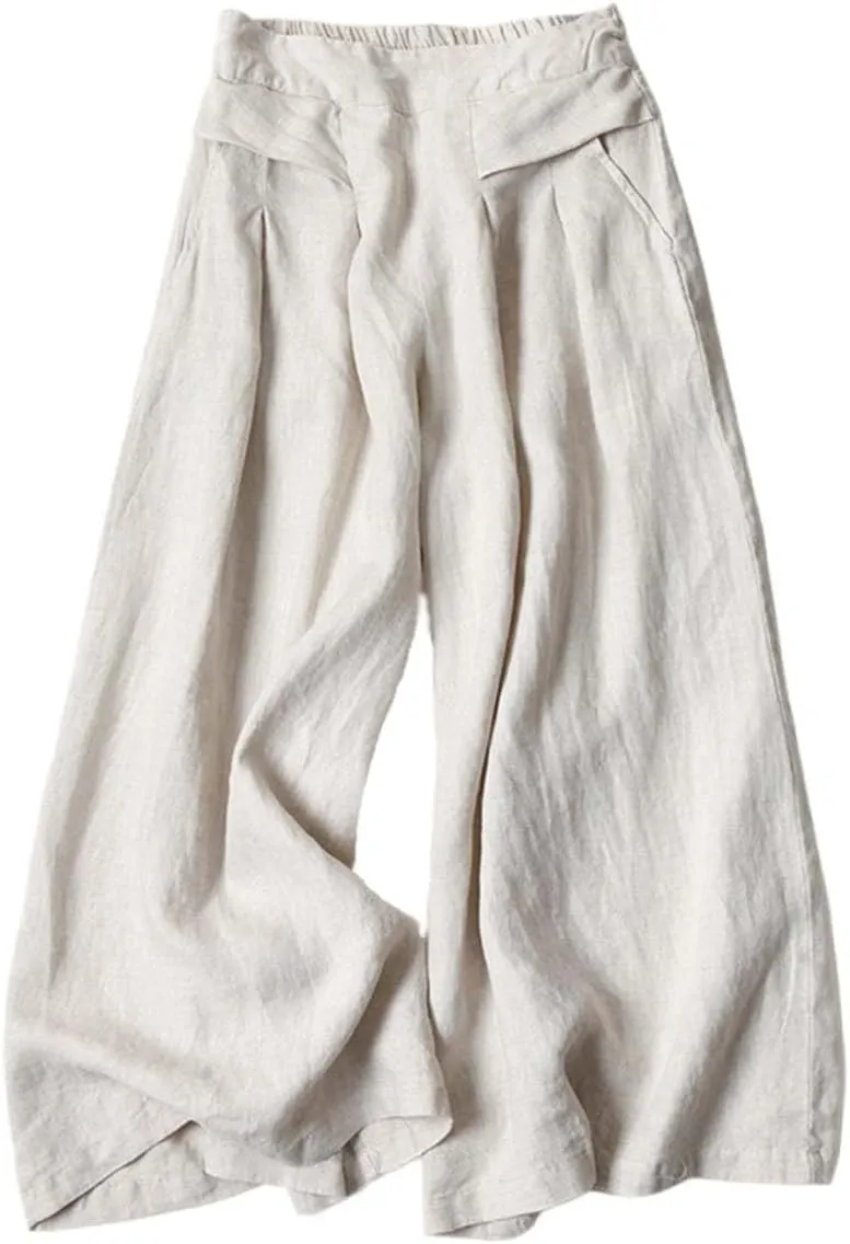 Women' s Culottes Linen Blend Wide Leg Pants Elastic Waist Casual Palazzo Trousers Solid Casual Loose Nine-Minute Pants