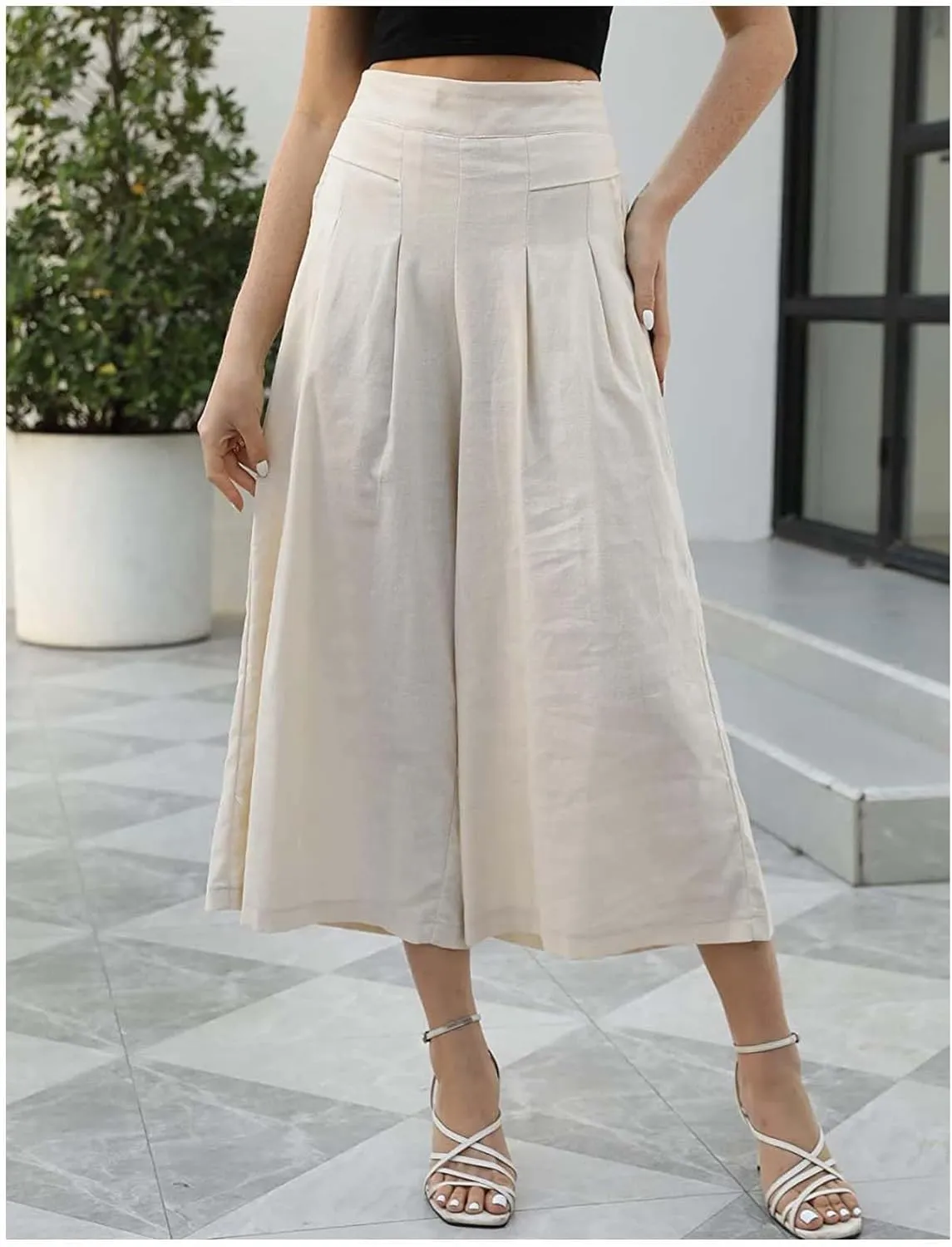Women' s Culottes Linen Blend Wide Leg Pants Elastic Waist Casual Palazzo Trousers Solid Casual Loose Nine-Minute Pants