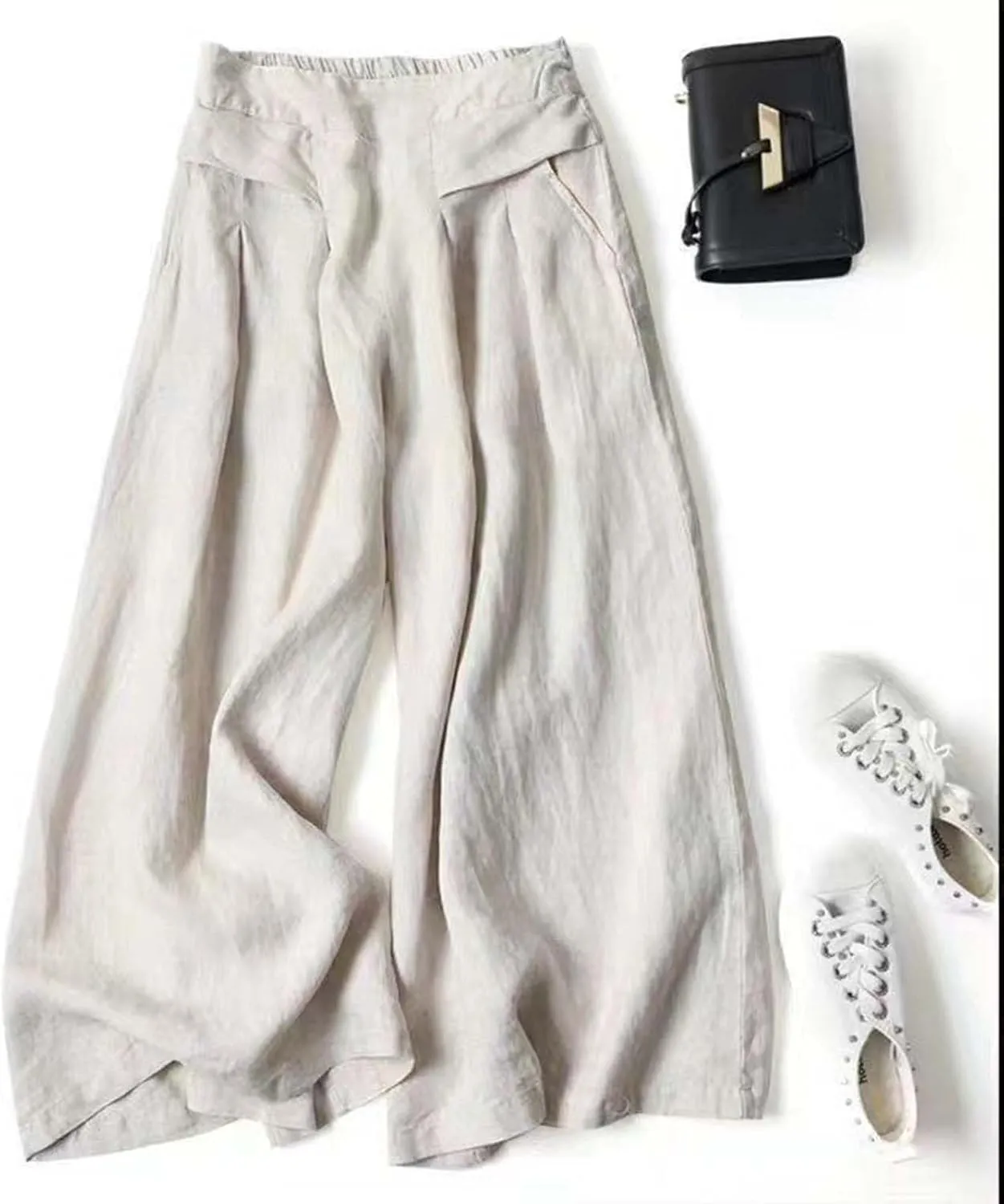 Women' s Culottes Linen Blend Wide Leg Pants Elastic Waist Casual Palazzo Trousers Solid Casual Loose Nine-Minute Pants