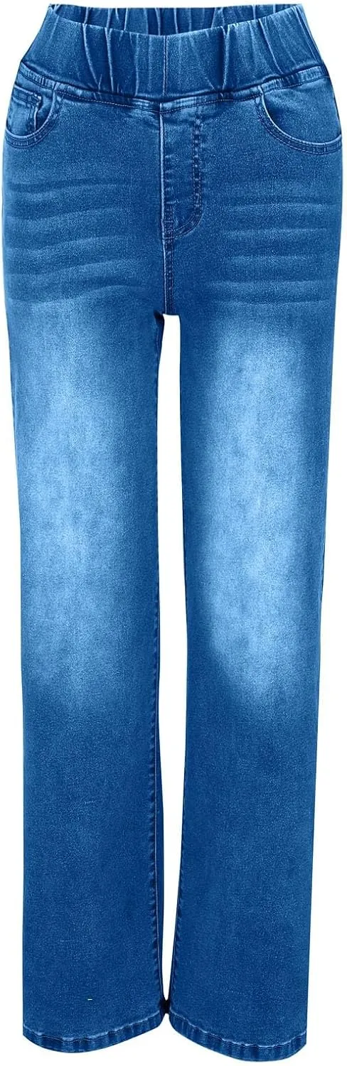 Women's Denim Sweatpants Elastic Waist Straight Leg Trousers Casual Slim Fit Stretch Hiking Jogger Jeans with Pockets