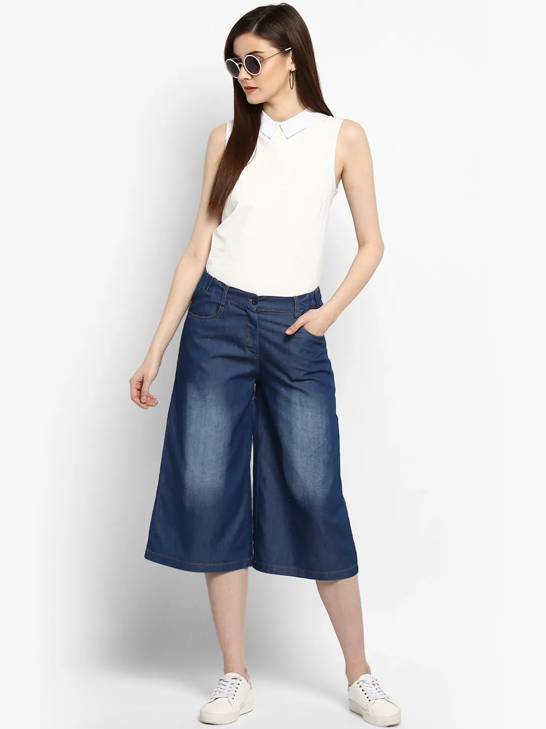 Women's Navy Blue Denim Culotte