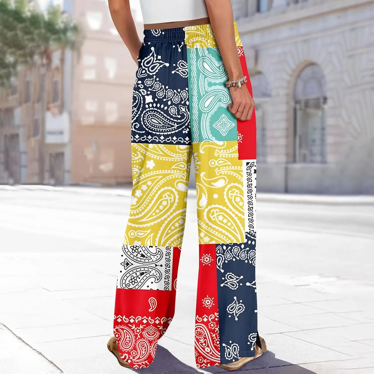 Womens Pants Wide Leg High Waistd Beach 2025 Pants Side Split Drawstring Elastic Waist Floral Print Pockets Trousers
