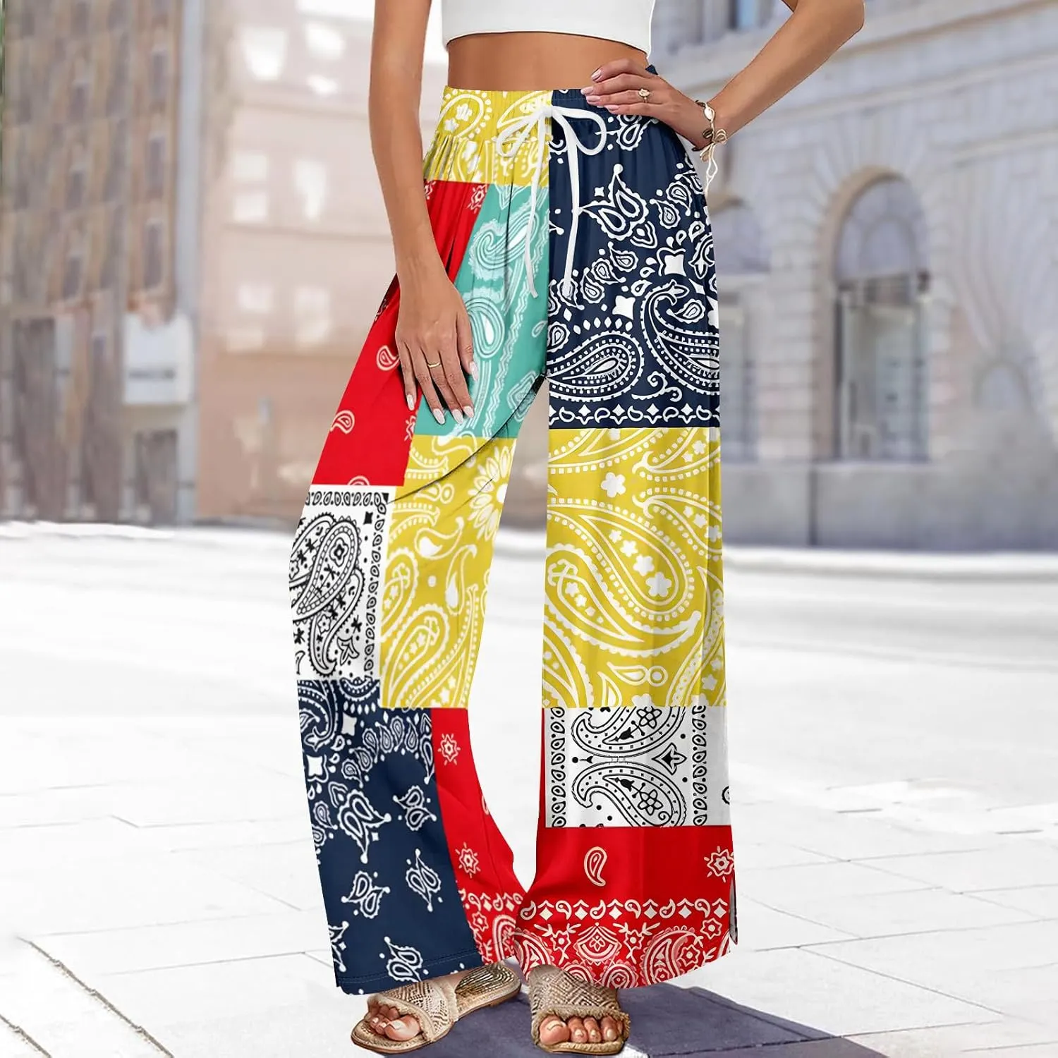 Womens Pants Wide Leg High Waistd Beach 2025 Pants Side Split Drawstring Elastic Waist Floral Print Pockets Trousers