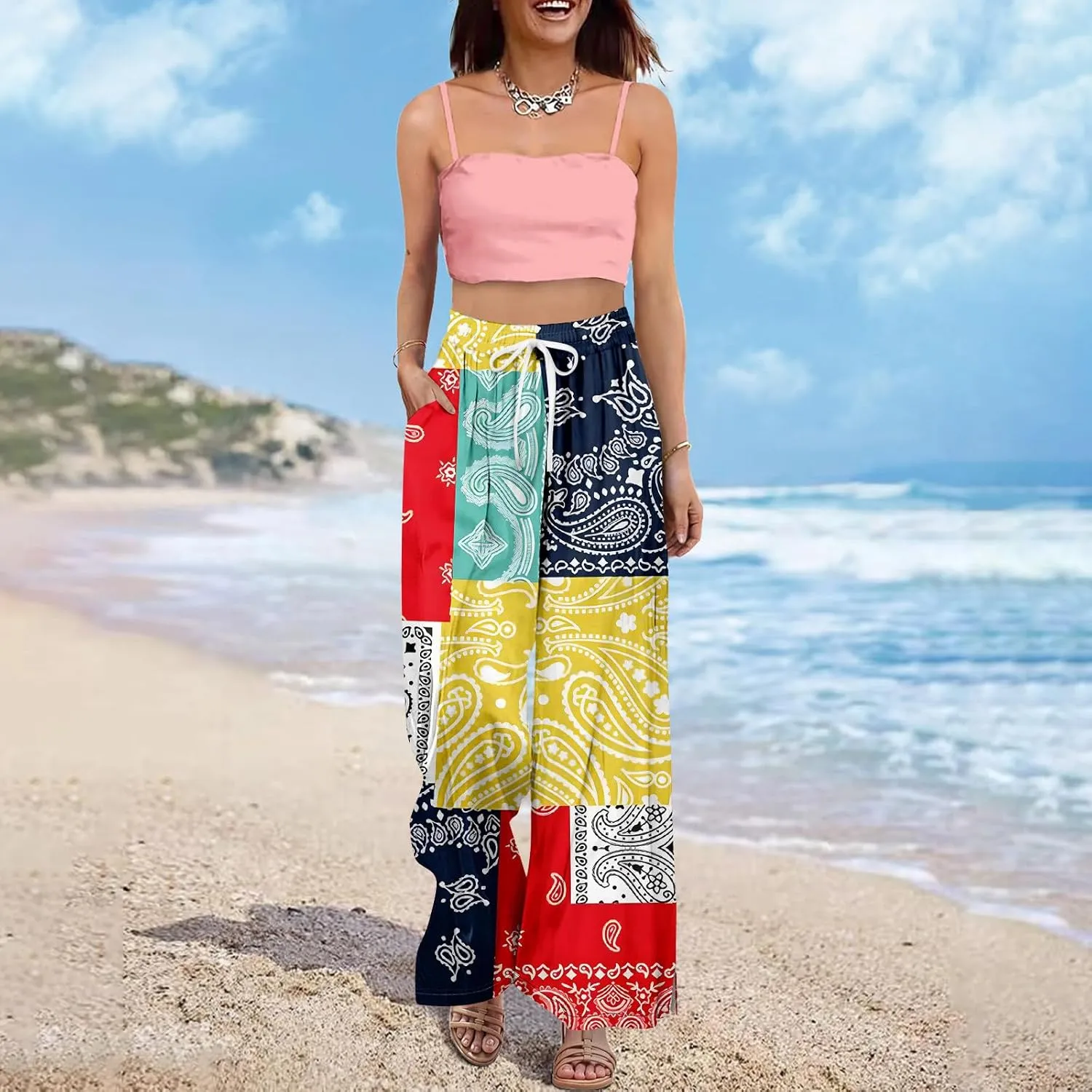 Womens Pants Wide Leg High Waistd Beach 2025 Pants Side Split Drawstring Elastic Waist Floral Print Pockets Trousers