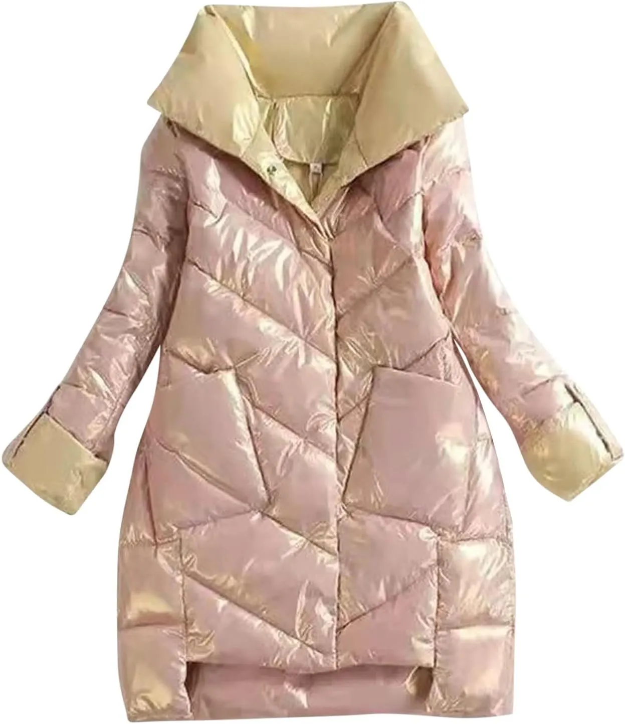 Women's Plus Size Down Parka Long Sleeve Button Quilted Puffer Jacket Fall Fashion Lightweight Outerwear with Pockets