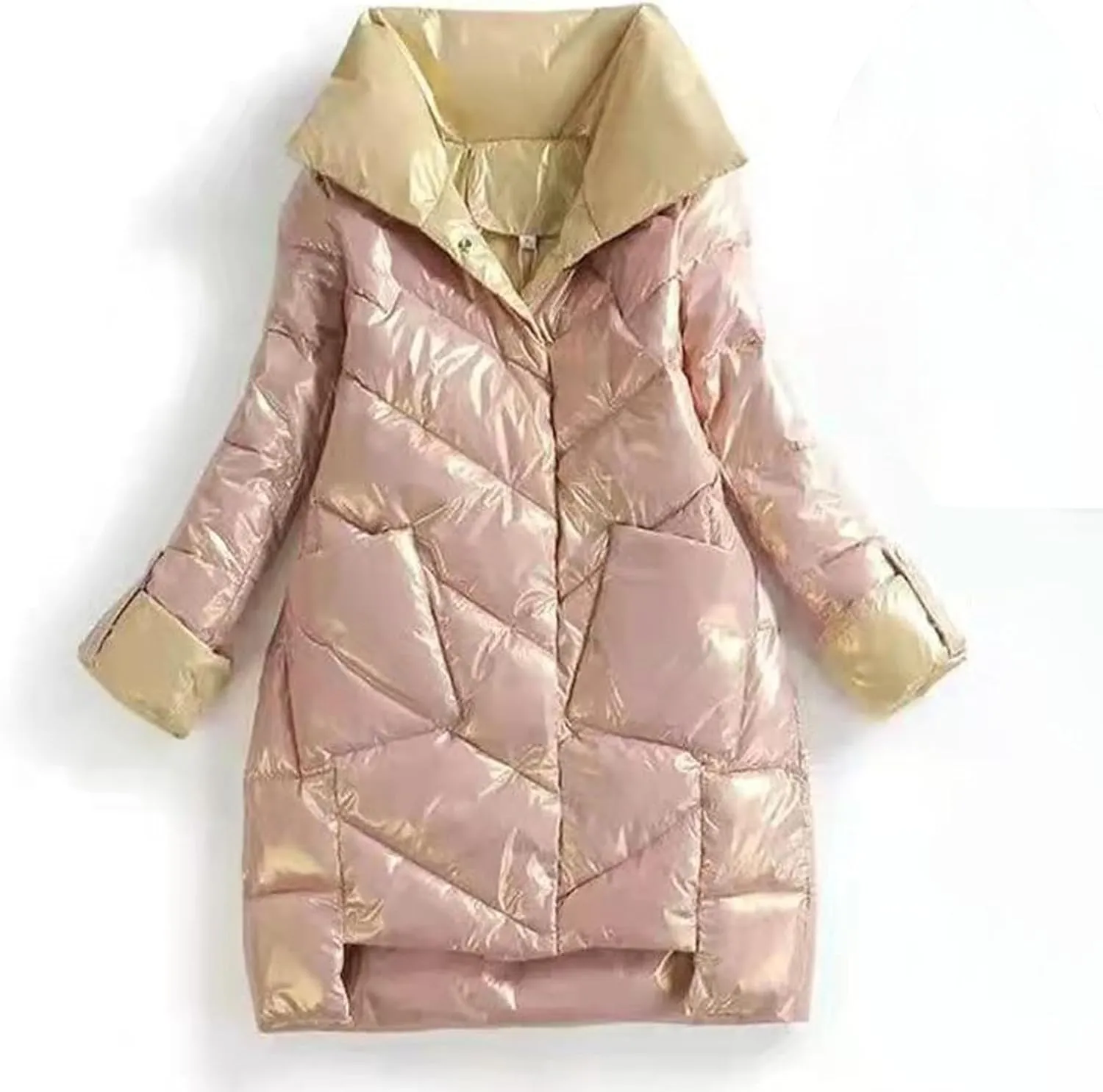 Women's Plus Size Down Parka Long Sleeve Button Quilted Puffer Jacket Fall Fashion Lightweight Outerwear with Pockets