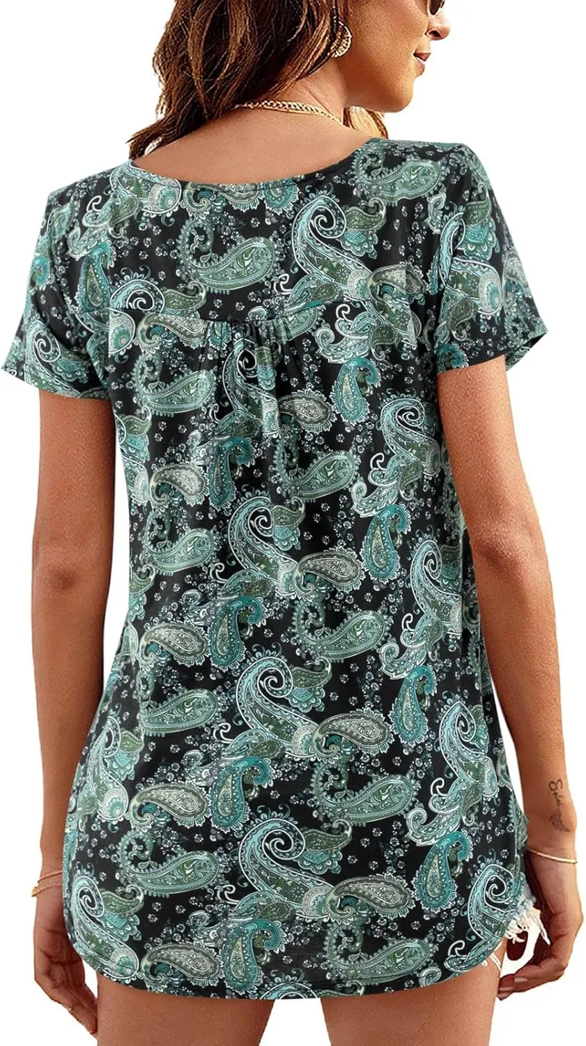 Womens Plus Size Tunic Tops Short Sleeve Casual Floral Henley Shirts
