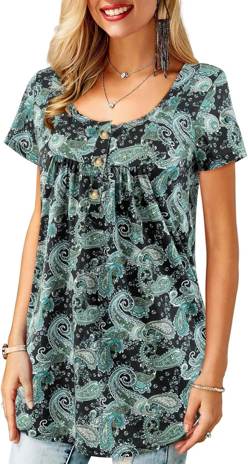 Womens Plus Size Tunic Tops Short Sleeve Casual Floral Henley Shirts