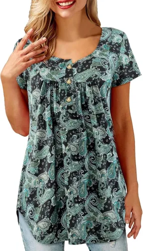 Womens Plus Size Tunic Tops Short Sleeve Casual Floral Henley Shirts