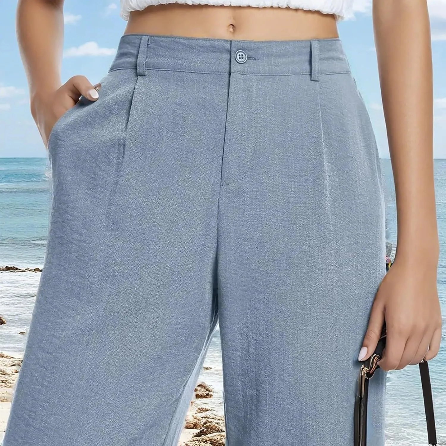 Women's Pull On High Waist Wide-Leg Pants Button Down Straight Long Trousers Slack Flowy Palazzo Pant with Pocket
