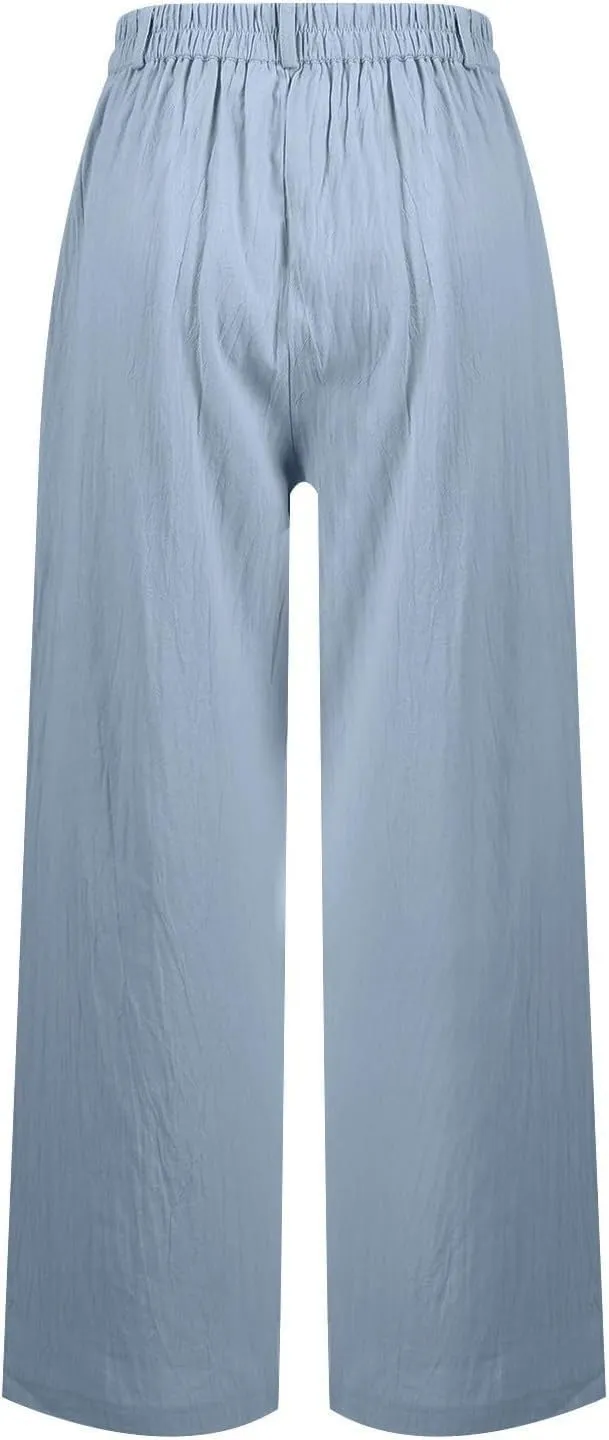 Women's Pull On High Waist Wide-Leg Pants Button Down Straight Long Trousers Slack Flowy Palazzo Pant with Pocket